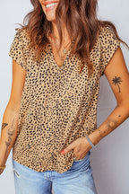 Apricot Cheeath Print Frilled V Neck Shirred Detail Short Sleeve Blouse