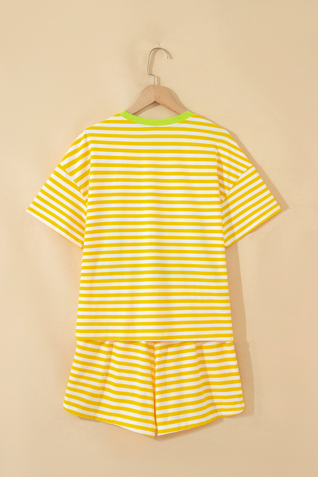 Striped Contrast Neck Loose Tee and Drawstring Shorts Set