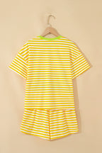 Striped Contrast Neck Loose Tee and Drawstring Shorts Set