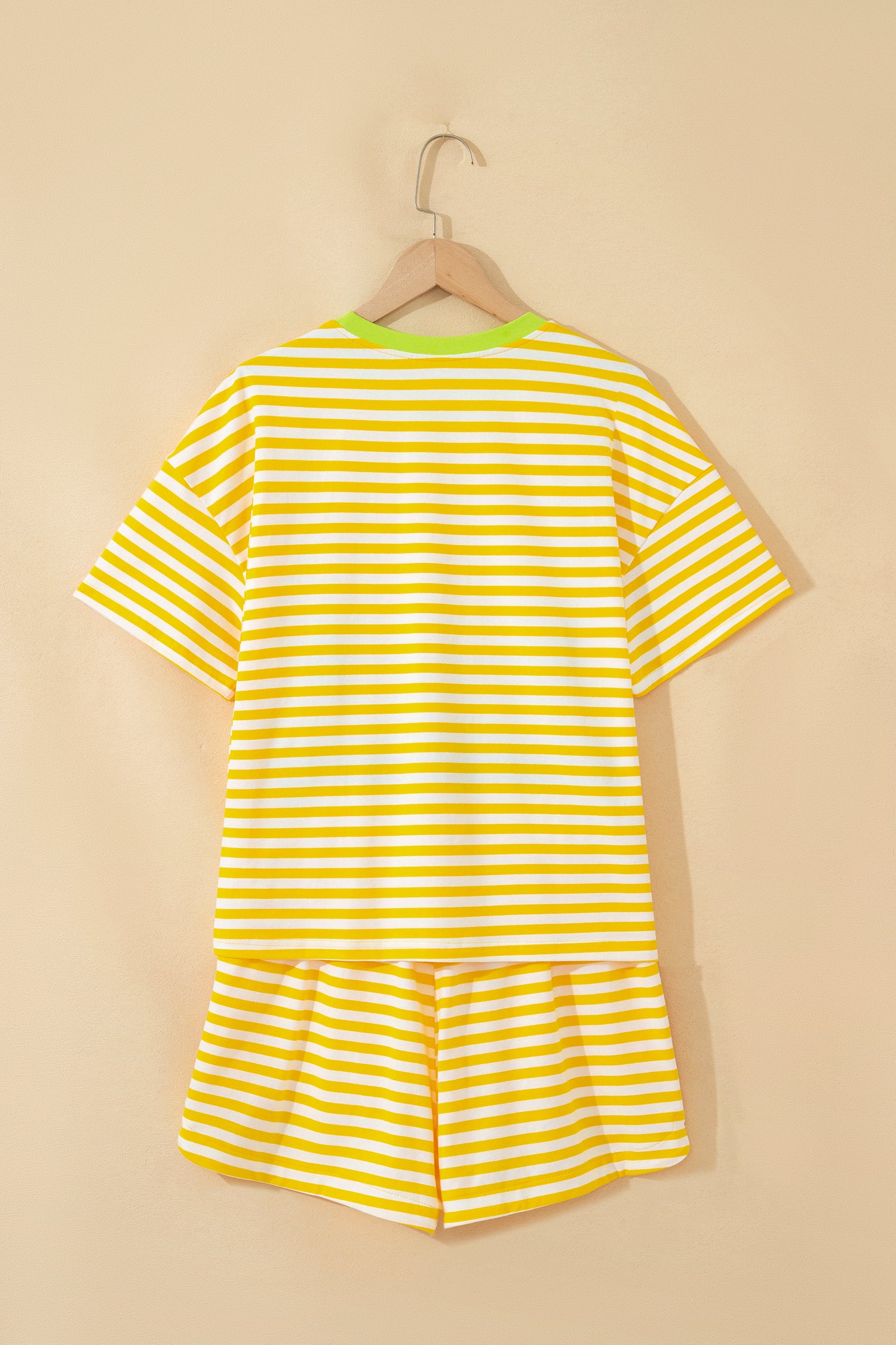 Striped Contrast Neck Loose Tee and Drawstring Shorts Set