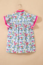 Rose Floral Print Color Block Striped Trim Flutter Sleeve Half Button Blouse
