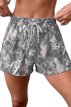 Grey Abstract Maple Leaf Printed Tie Elastic Waist Shorts