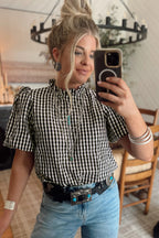 Black Plaid Short Puff Sleeve Frilled Neck Blouse