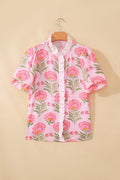 Pink Sweet Blooms Ruffle Striped Trim Puff Sleeve Shirt