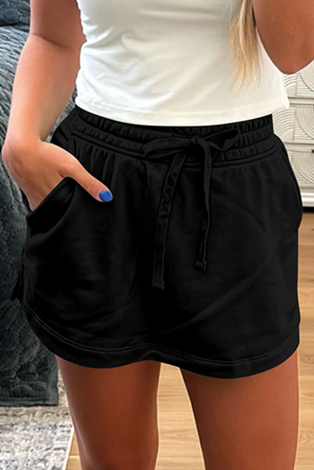 French Terry Drawstring Elastic Waistband Mini Skort with Pockets