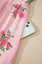 Notched Neck Flutter Short Sleeve Floral Print Maxi Dress