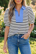 Striped Short Puff Sleeve Colour Block Polo Collar Blouse