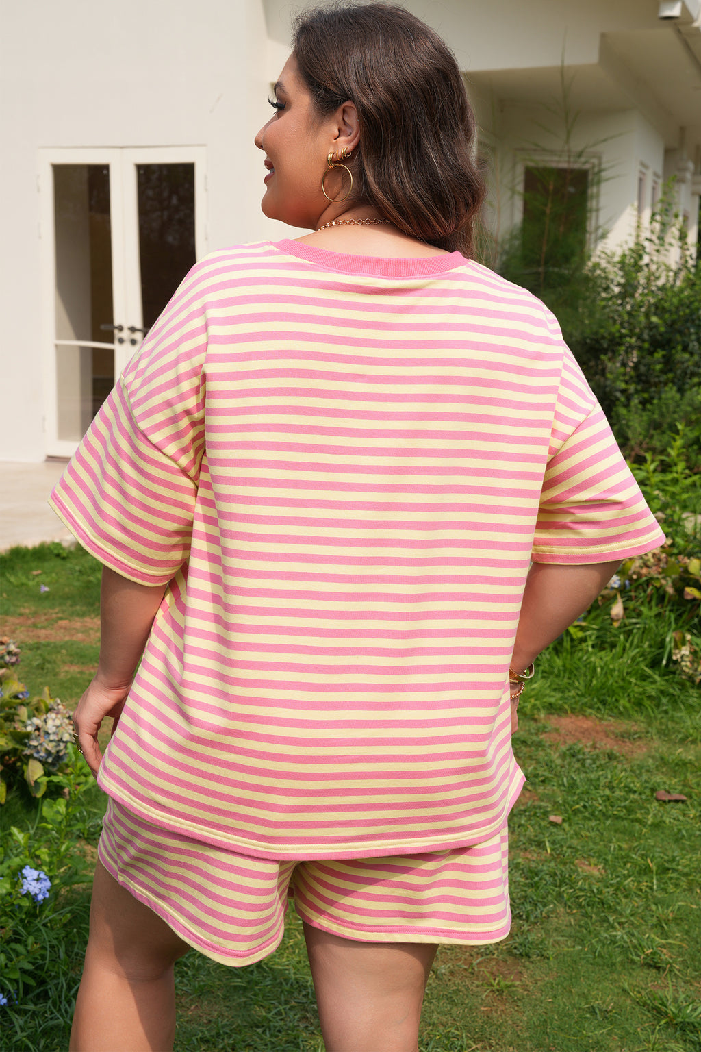 Striped Boxy Tee Drawstring Elastic Waist Plus Size Short Set