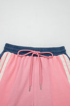 Pink Color Block Patchwork Varsity Striped Detail Drawstring Elastic Waist Shorts