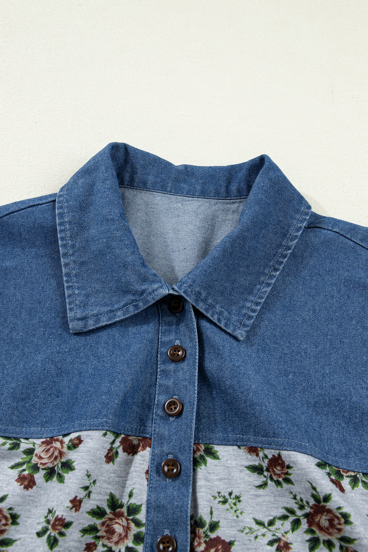 Grey Retro Floral Print Denim Patchwork Buttoned Polo Collar Top