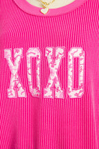 Strawberry Pink Twisted Ribbed Long Sleeve XOXO Bow Print Embroidered Patch Graphic Top
