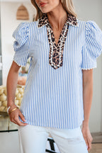 Stripe Ricrac Trim Short Puff Sleeve Leopard Patchwork Collar V Neck Blouse