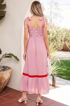Red Stripe Bow Knot Straps Contrast Trim High Waist Ruffle Hem Maxi Dress