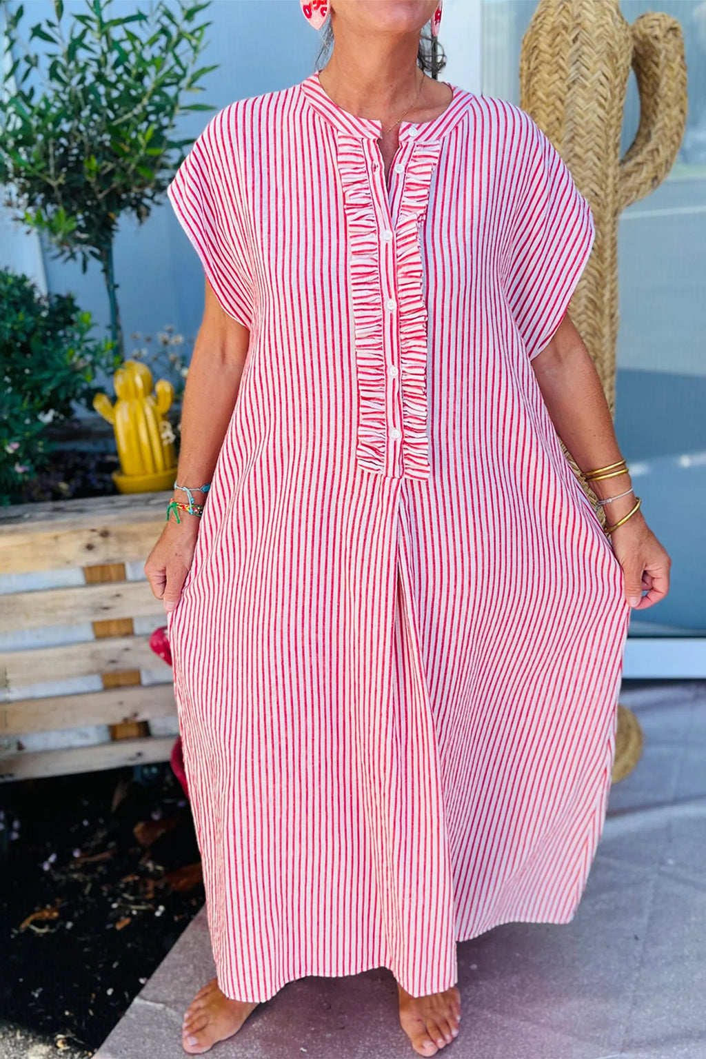 Striped Frilled Detail Half Buttons Short Sleeve Long Dress