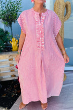 Striped Frilled Detail Half Buttons Short Sleeve Long Dress