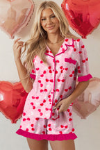 Rose Cherry Bow Mixed Print Scalloped Edge Short Pyjama Set