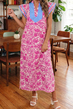 Floral Print Color Block Patchwork V Neck Short Sleeve Midi Dress