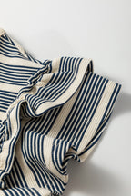 Blue Stripe Ruffled Short Sleeve Contrast Trim Button Notched Neck Midi Dress