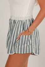 Grey Stripe Elastic Waist Cargo Pocket Casual Shorts