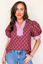 Red Contrast Collared V Neck Ricrac Trim Short Puff Sleeve Flower Blouse