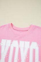 Bow Sequin XOXO Letter Graphic Exposed Seam Baggy Sweatshirt