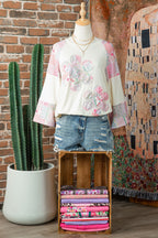 Beige Color Block Retro Floral Patchwork Long Sleeve Top