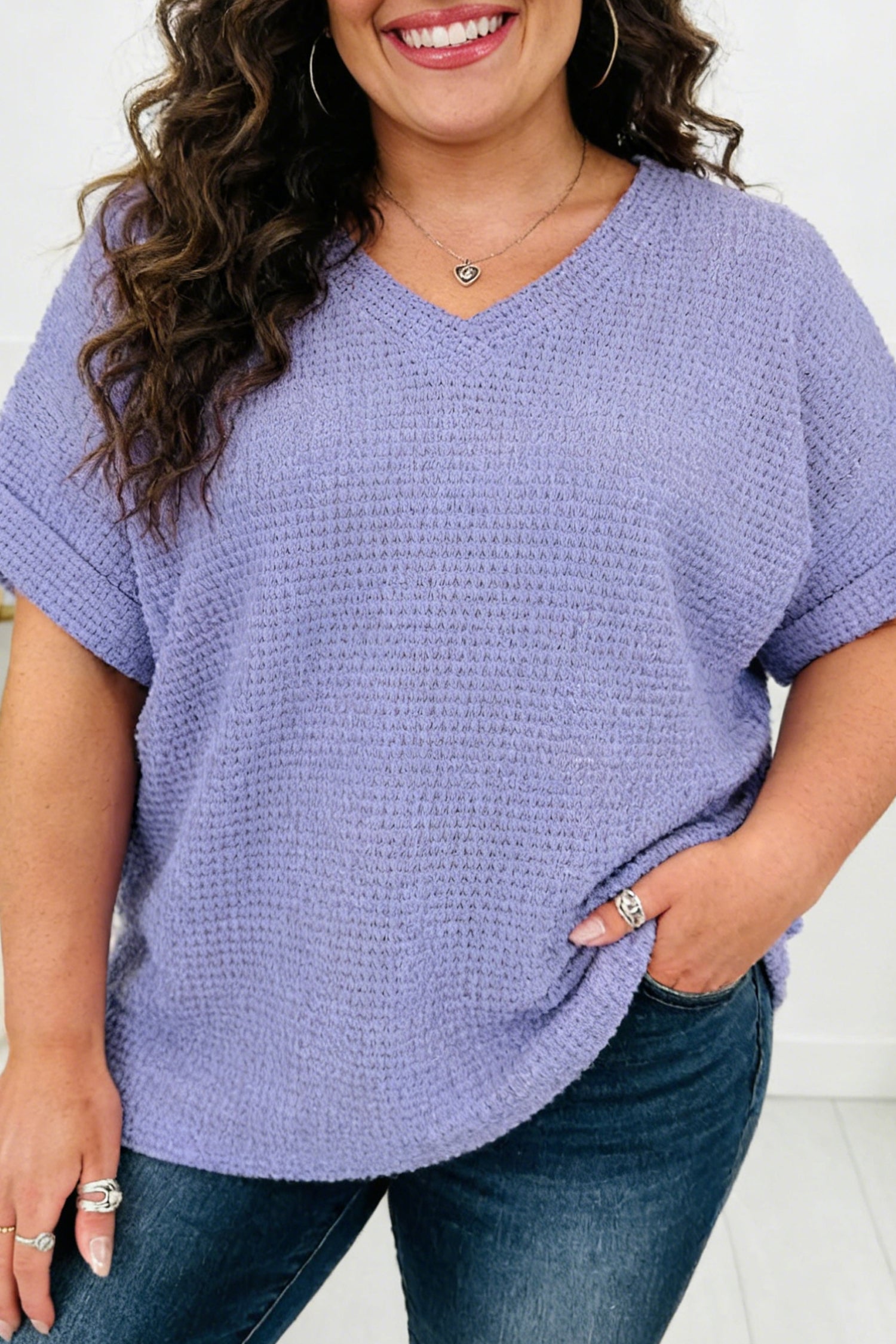 V Neck Short Sleeve Plus Size Waffle Knit Top