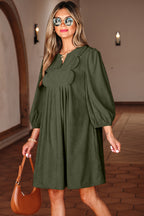 Bracelet Sleeve Split Neck Scallop Detail Pleated Corduroy Mini Dress