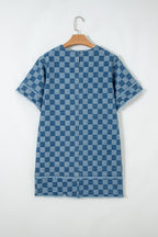 Sky Blue Frayed Hem Checkered Denim Mini Dress