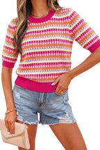 Abstract Striped Knit Short Sleeve Sweater