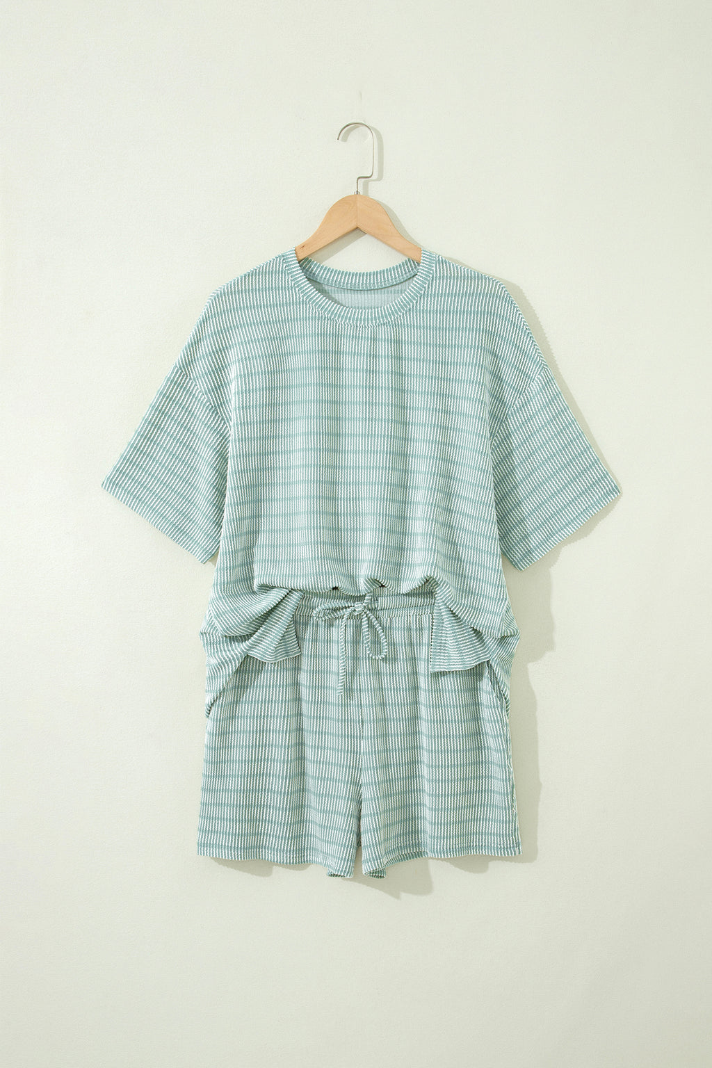 Striped Raised Rib Loose Tee Drawstring Elastic Waist 2pcs Short Set