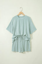Striped Raised Rib Loose Tee Drawstring Elastic Waist 2pcs Short Set