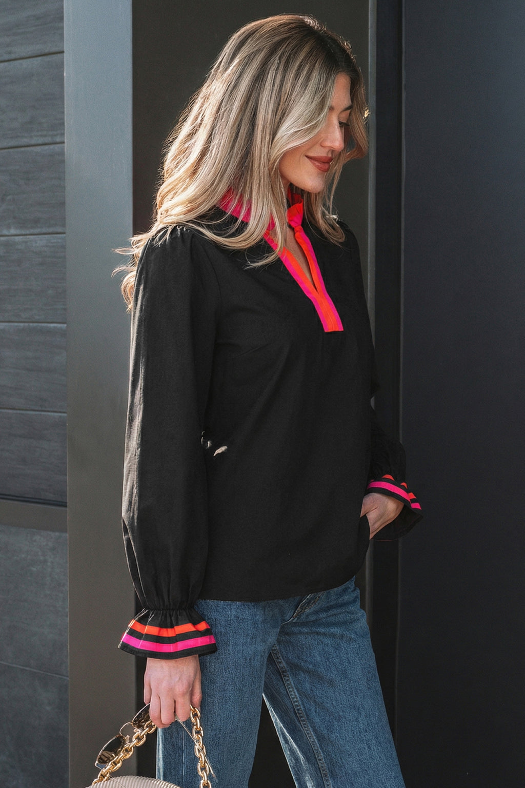 Striped Trim Ruffle Split Neck Long Sleeve Blouse