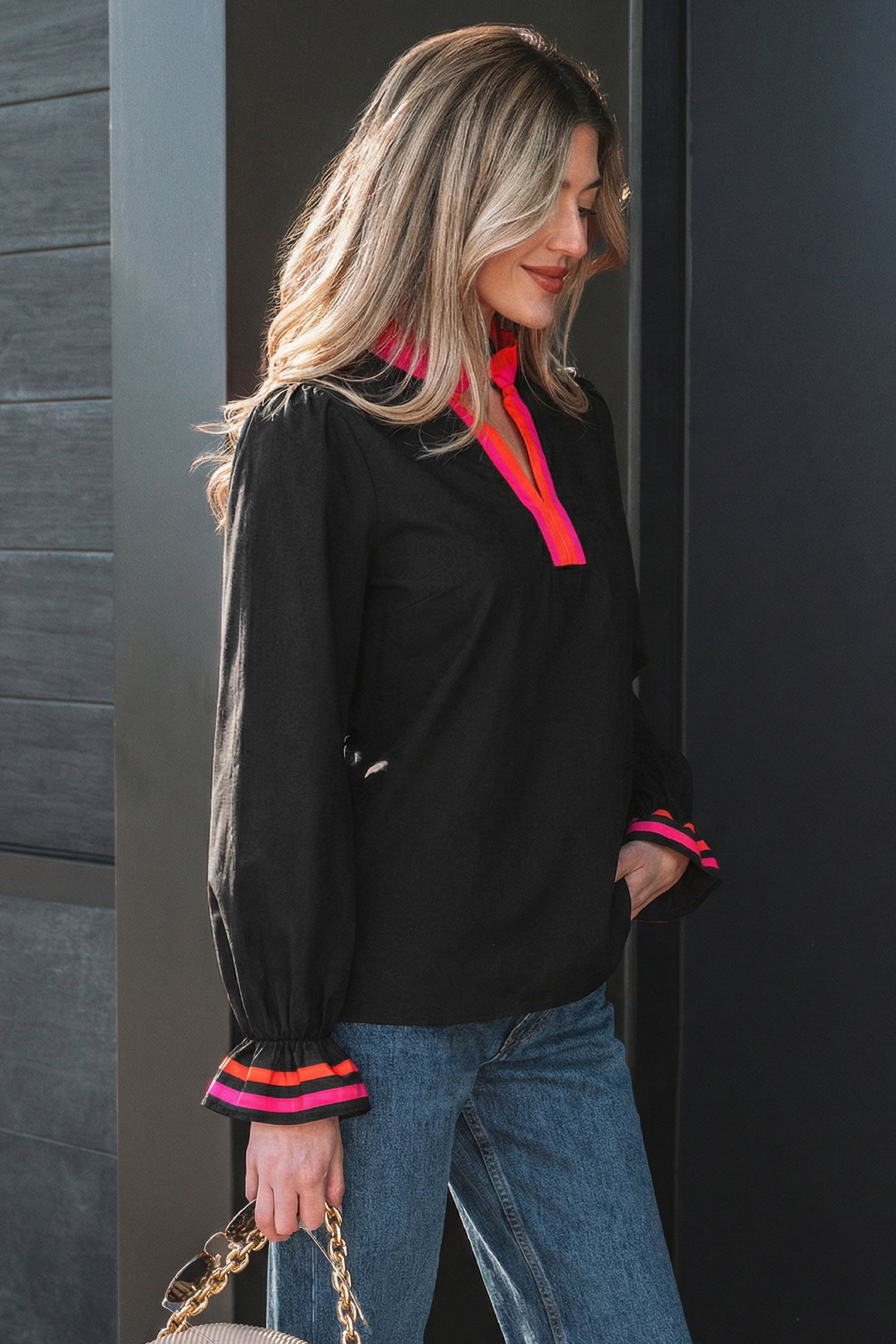 Striped Trim Ruffle Split Neck Long Sleeve Blouse