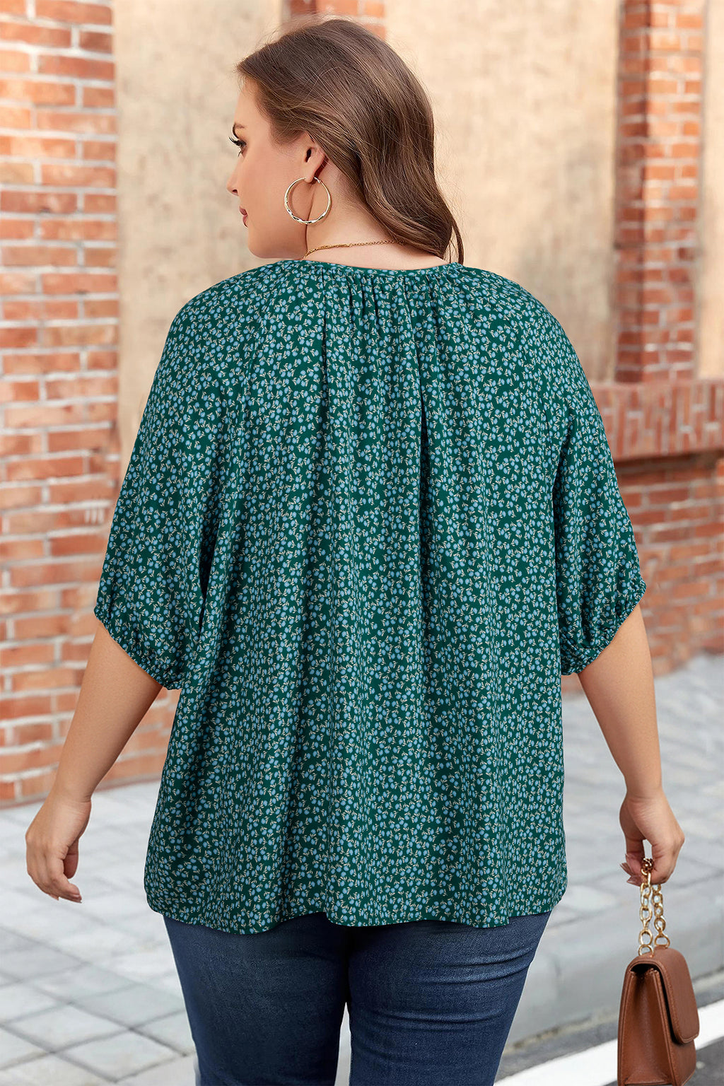 Boho Chic Notched V Neck Plus Floral Short Sleeve Top