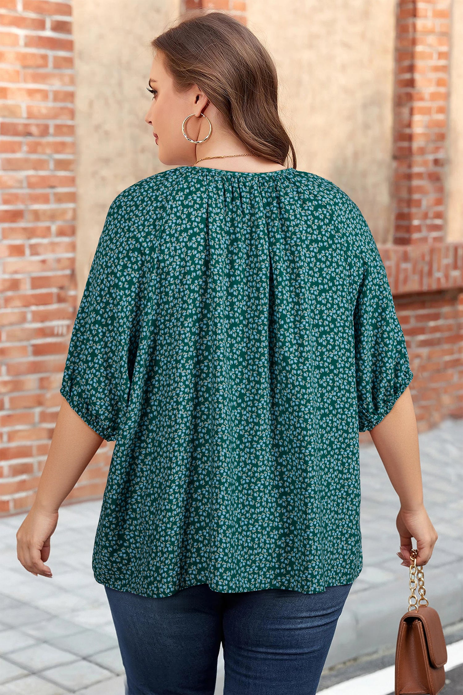 Boho Chic Notched V Neck Plus Floral Short Sleeve Top