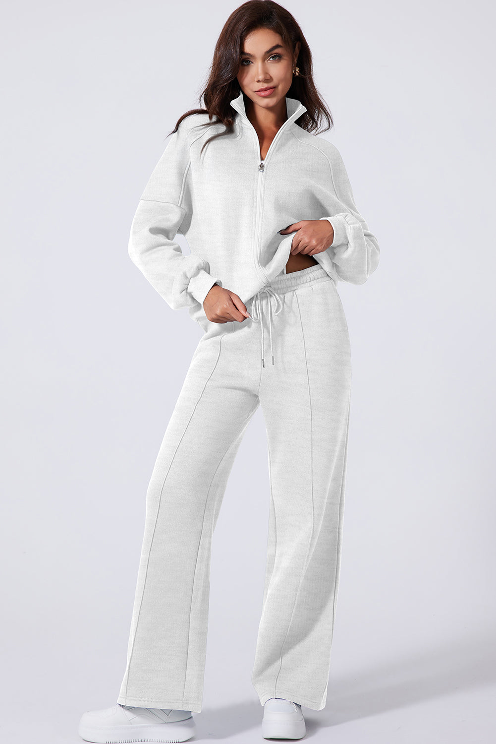 Drop Shoulder Zip Up Jacket Drawstring Pants Active 2pcs Set