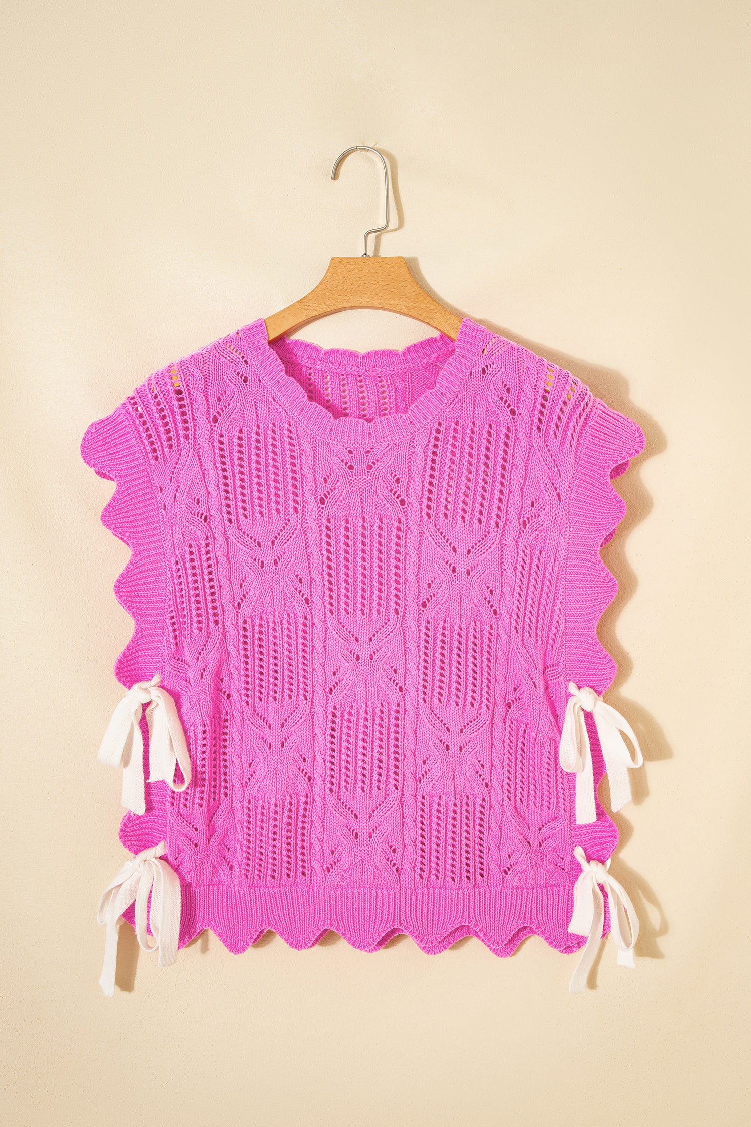 Pointelle Knit Patterned Scalloped Trim Short Sleeve Sweater