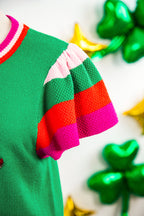 Bright Green Shiny Lucky Striped Flutter Sleeve Round Neck Sweater
