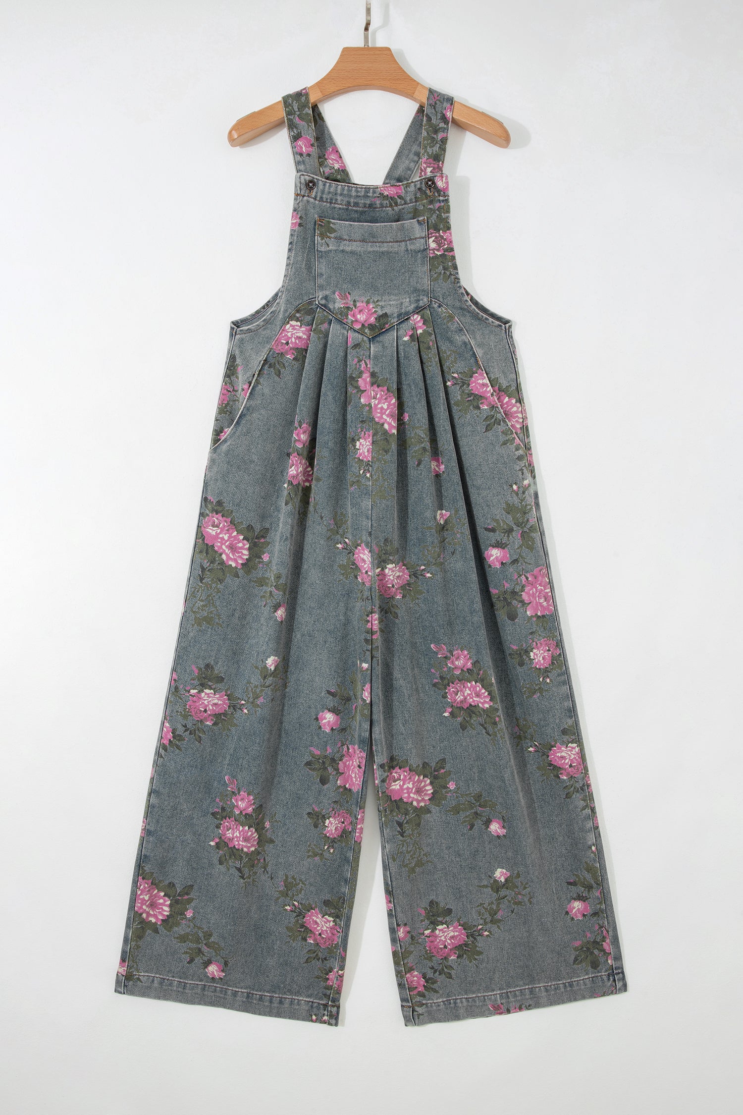 Floral Print Pleated High Waist Wide Leg Denim Jumpsuit