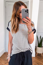 Black Stripe Cuffed Sleeve Button Detail Loose Tee