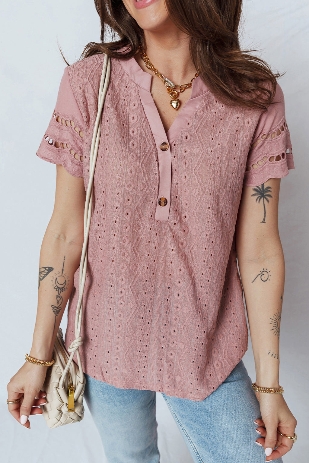Fuchsia Textured Embroidered Half Buttons Short Sleeve Blouse