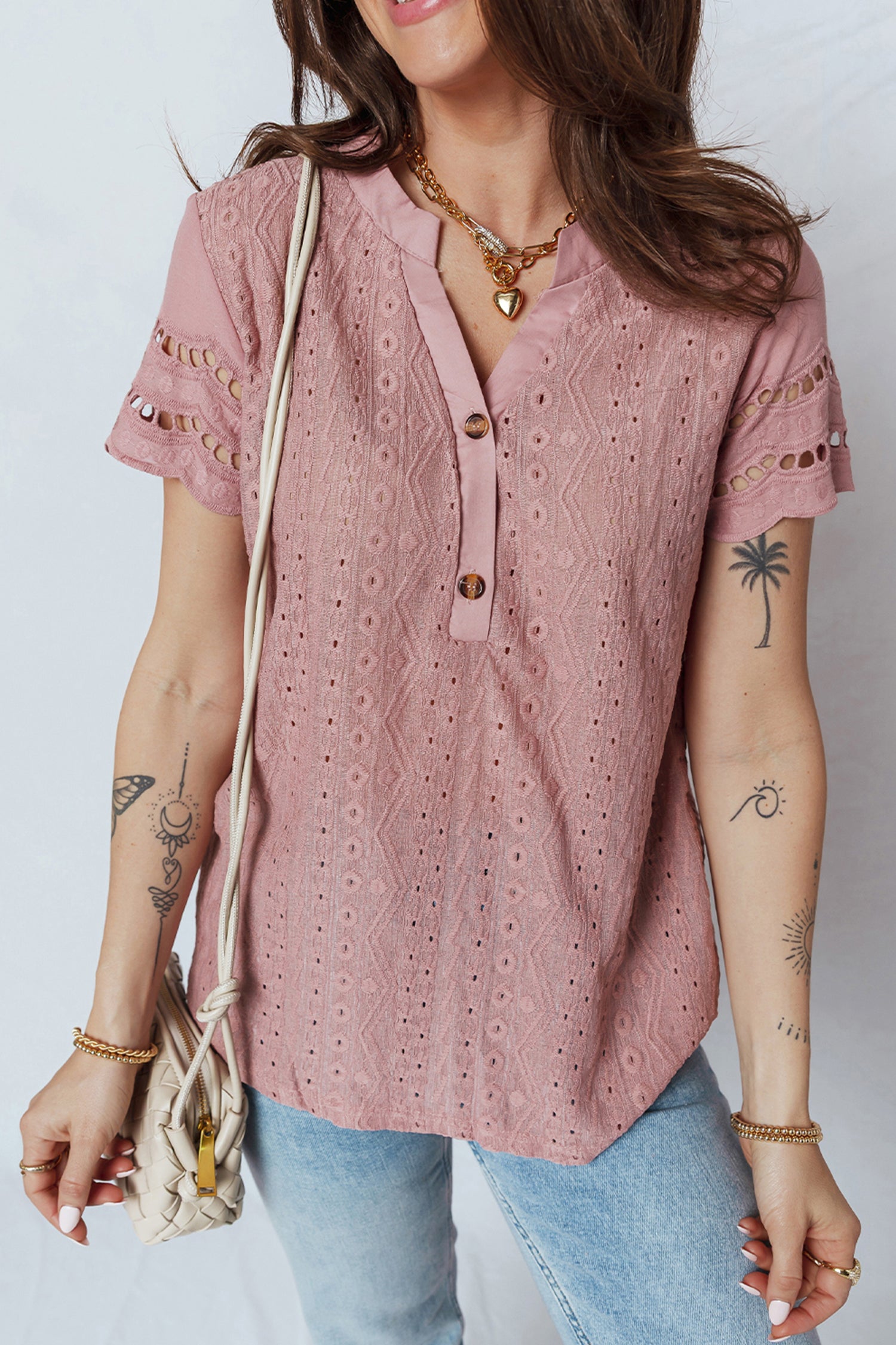 Fuchsia Textured Embroidered Half Buttons Short Sleeve Blouse