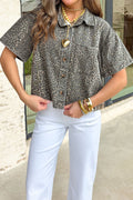 Grey Vintage Leopard Print Short Sleeve Loose Cotton Denim Shirt