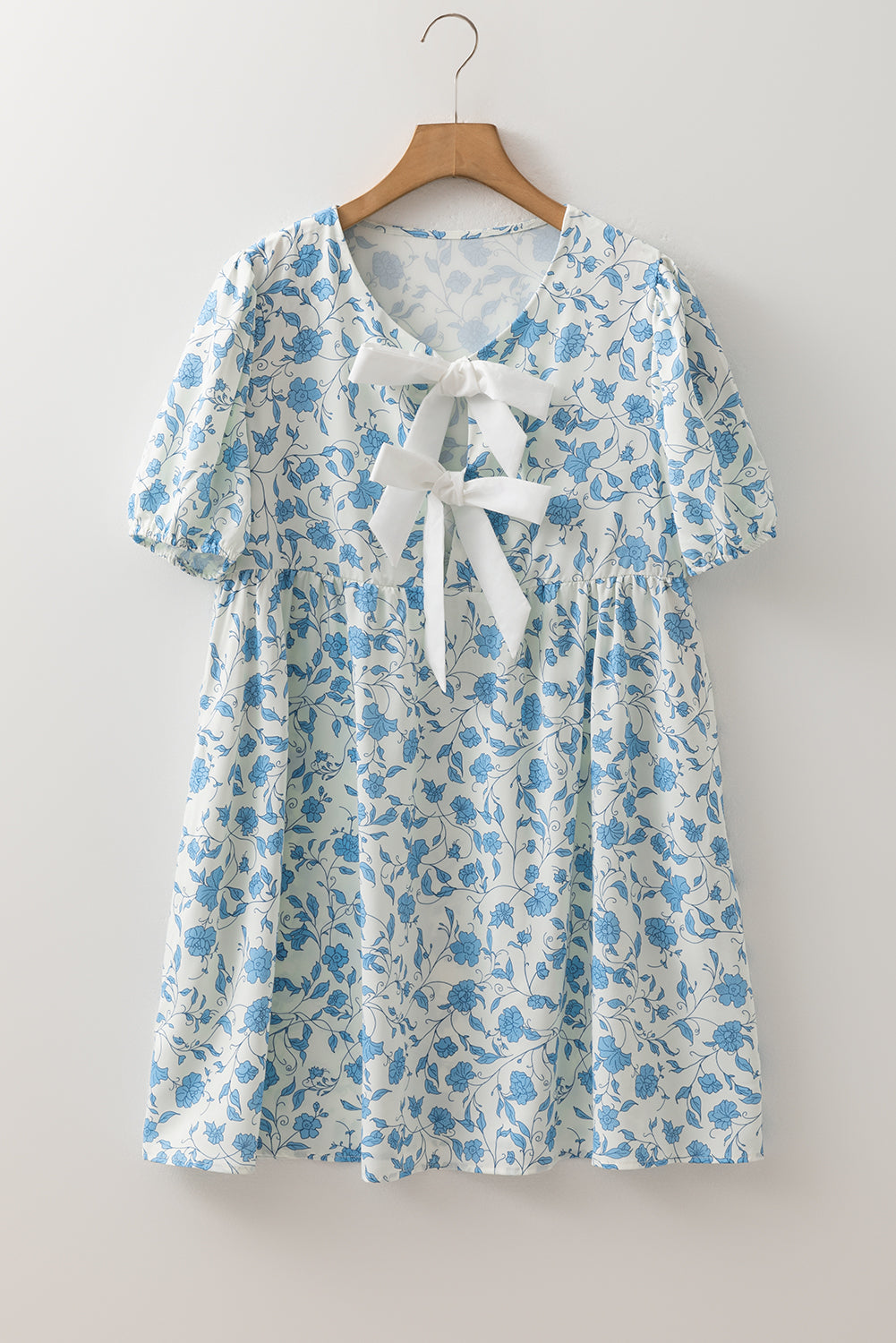 Blue Leopard Contrast Bow Puff Sleeve Mini Dress