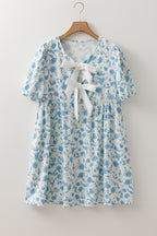 Blue Leopard Contrast Bow Puff Sleeve Mini Dress
