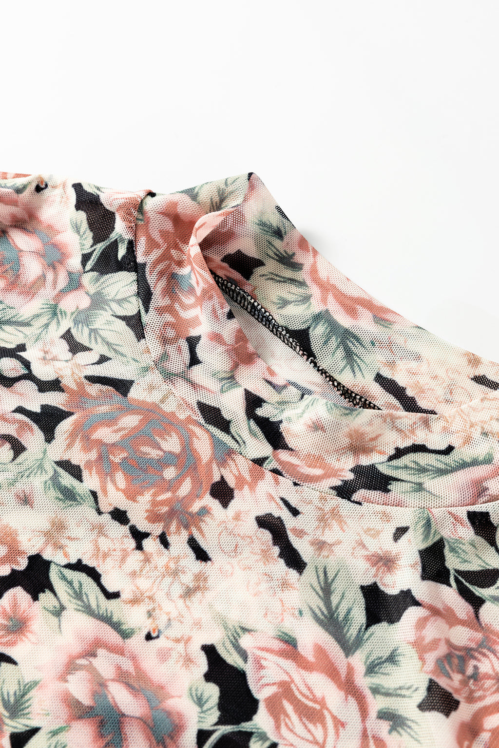 Retro Floral Print Mock Neck Mesh Long Sleeve Top