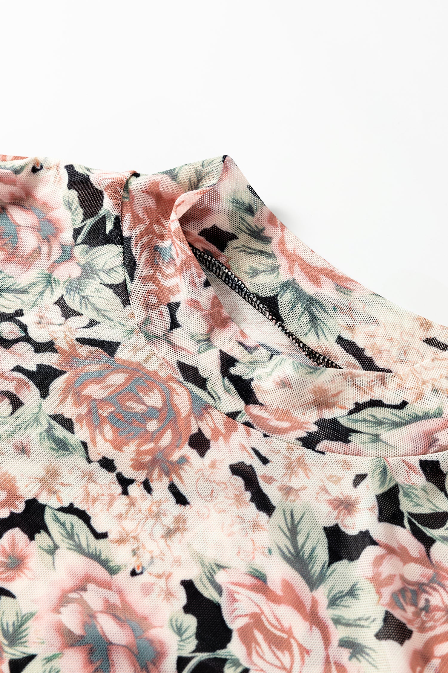 Retro Floral Print Mock Neck Mesh Long Sleeve Top