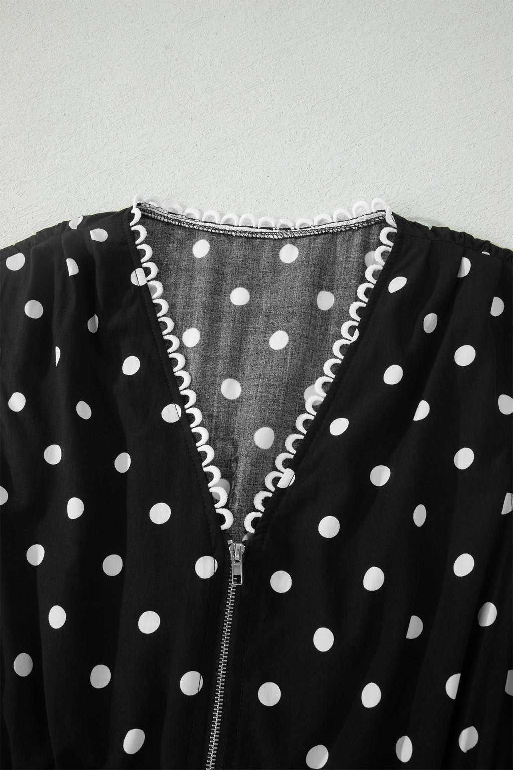 Polka Dot Print Contrast Trim V Neck Zip Up Sleeveless Dress
