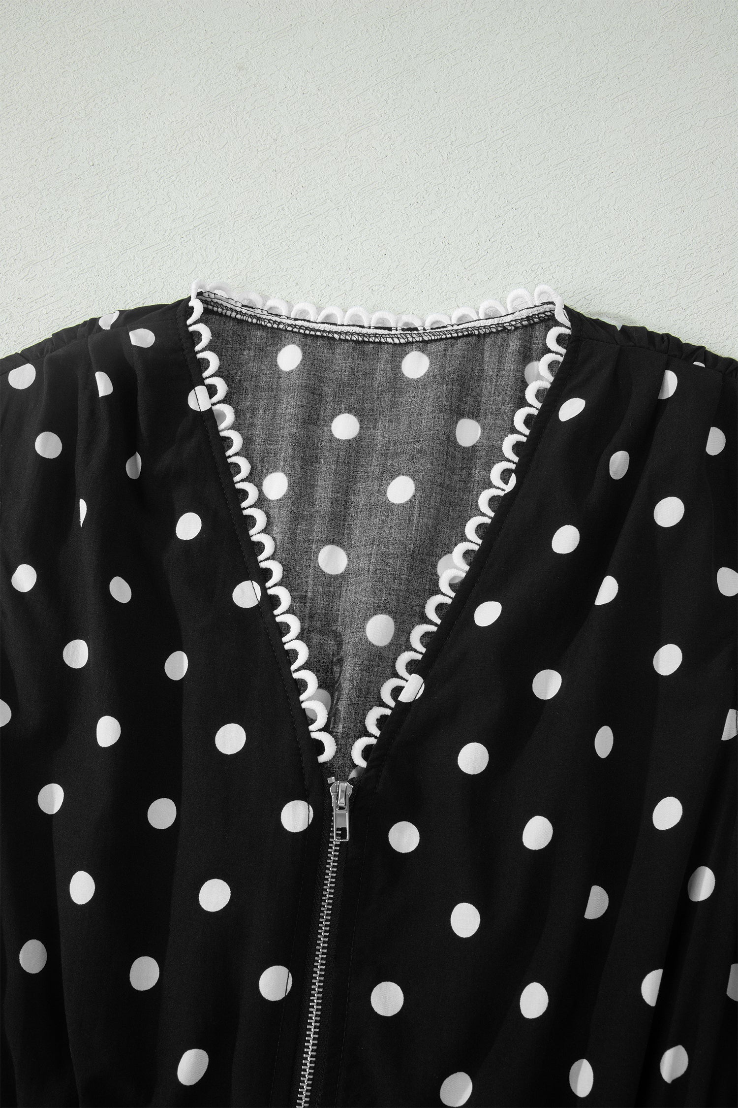 Polka Dot Print Contrast Trim V Neck Zip Up Sleeveless Dress